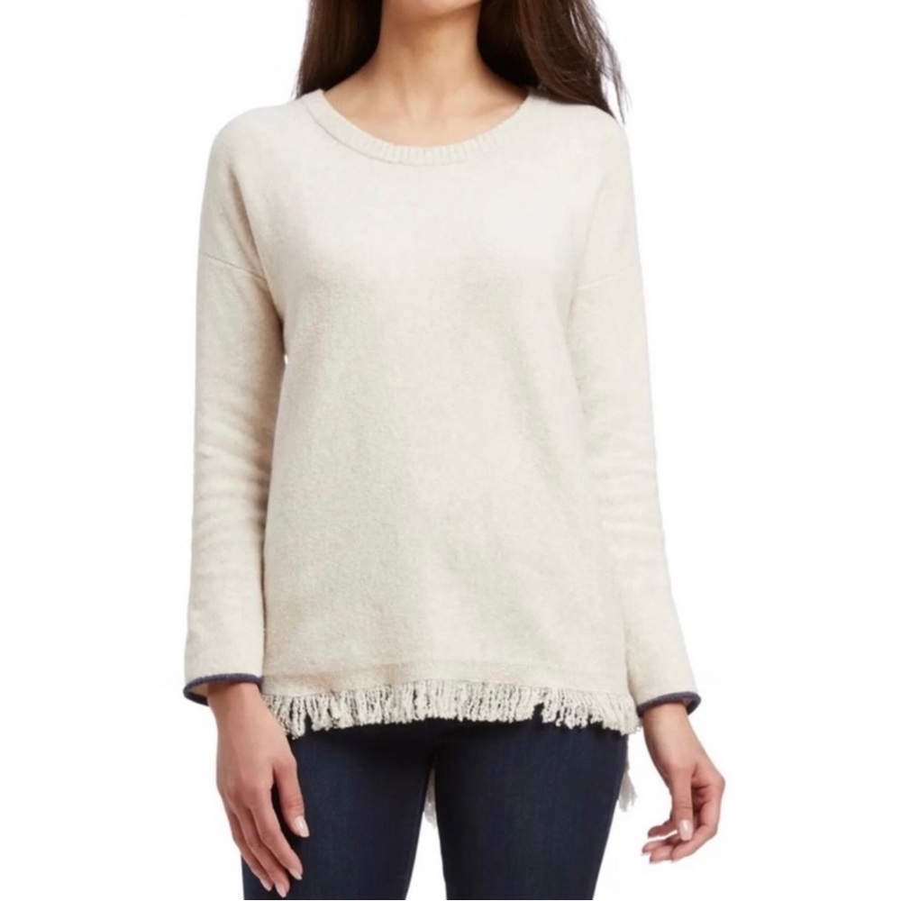 NEW NIC + ZOE CREAM FRINGE TRIM HIGH-LOW SWEATER